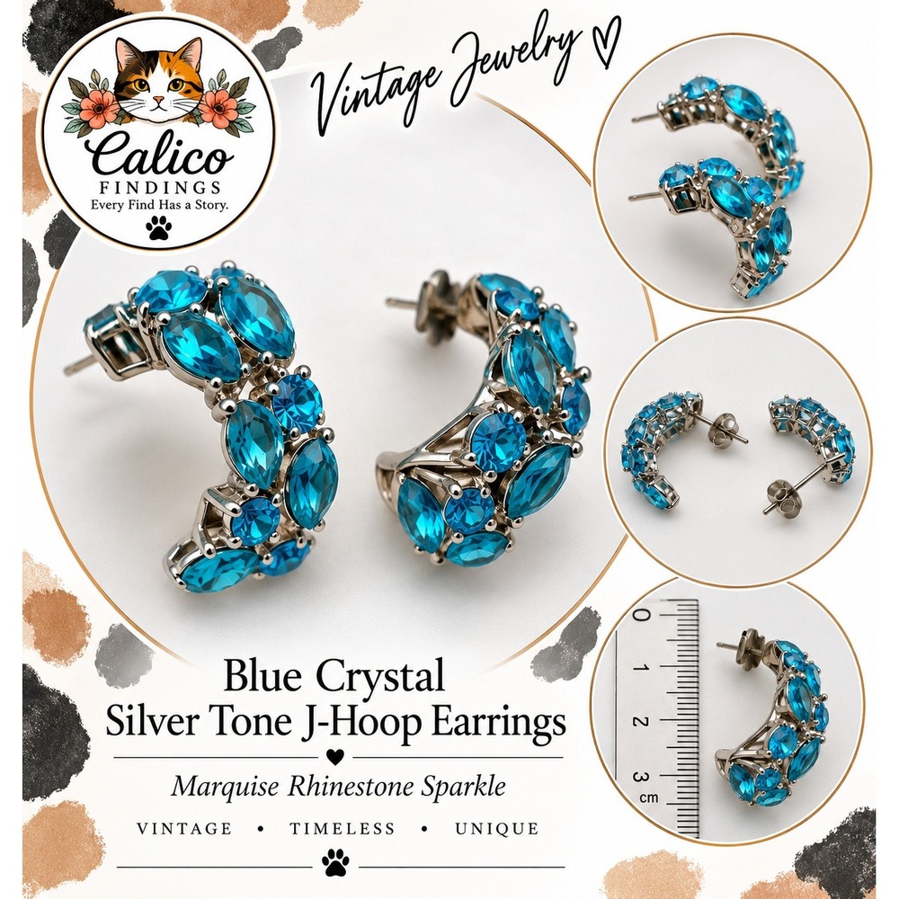 Blue Crystal Silver Tone J-Hoop Pierced Earrings Marquise Rhinestone Sparkle